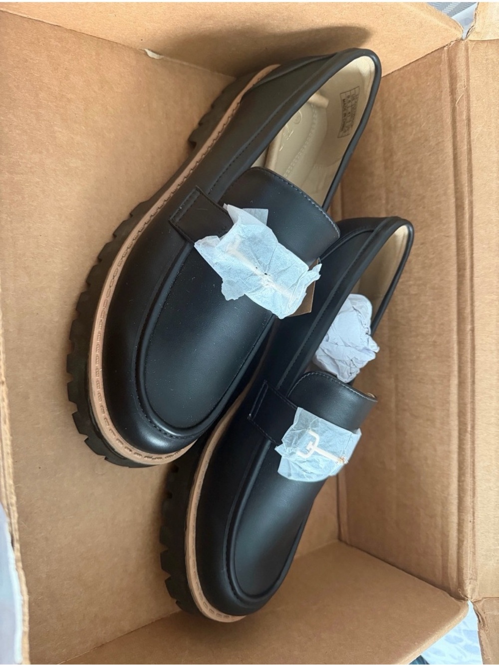 Women’s Black Leather Lug Sole Loafers